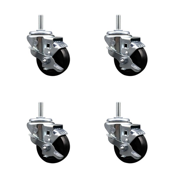 3 Inch Hard Rubber Wheel Swivel 34 Inch Threaded Stem Caster Set with Brake SCC